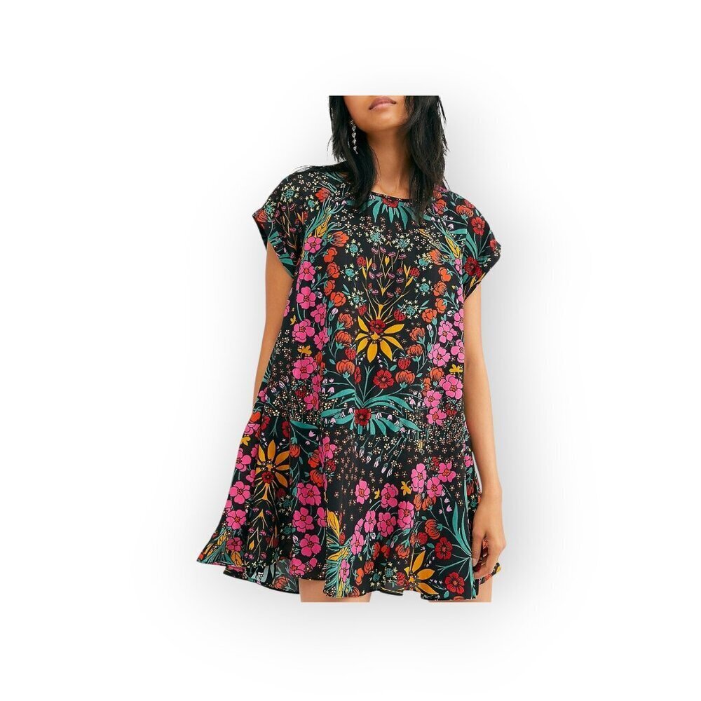 Free People Boho Mod Mini Dress NWT XS Black Swingy Ruffle Summer Floral